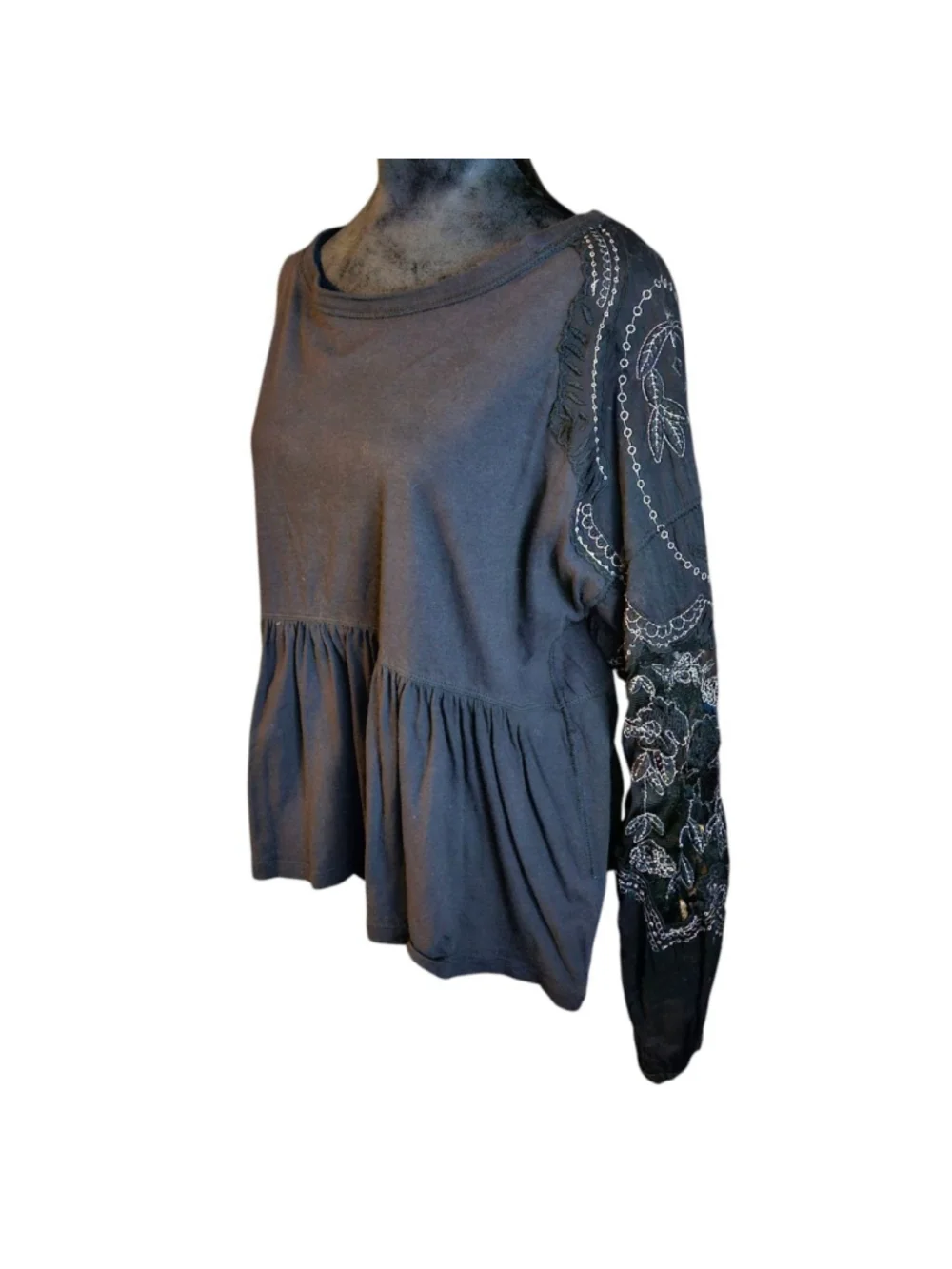 Free People XS Black Penny Peplum Embroidered Sleeve Top Boho